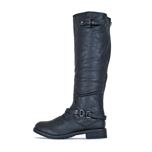 Shoes - Black Combat Military Buckle Knee High Boot Reba